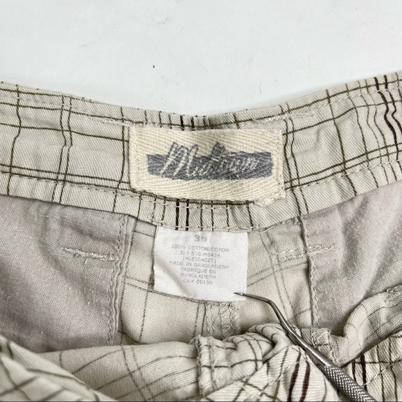 MIDTOWN Cream Green & Brown Plaid Breezy Summer Pocket Cotton Shorts SIZE 36 - Picture 2 of 5